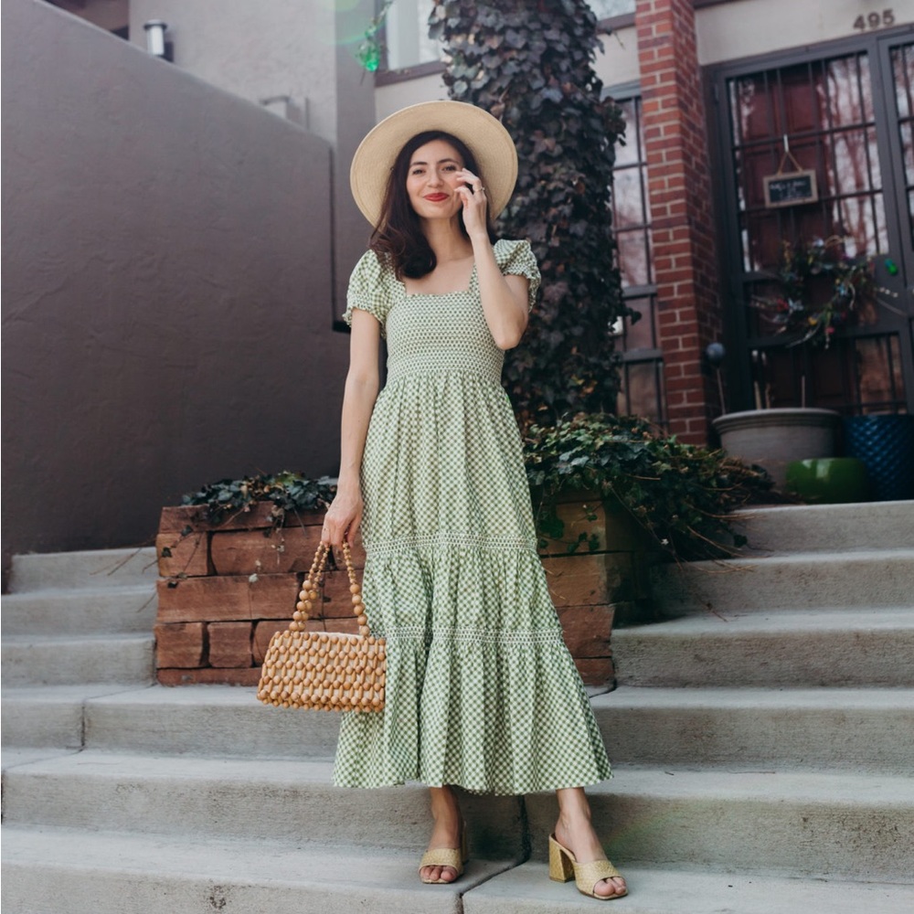 Cotton Gingham Few Moda O.P.T Square Neck Smocked Maxi Dress